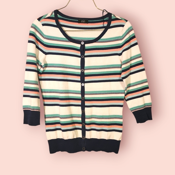 F&F chic Elbow Length Sleeved Button Up Striped Cardigan- Size 6 - Picture 4 of 7